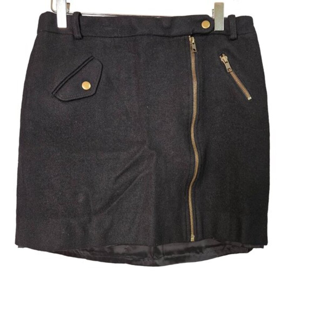 J.Crew‎ Retro Preppy Academia Black 100% Wool Asymmetric Zip Moto Mini Skirt 8